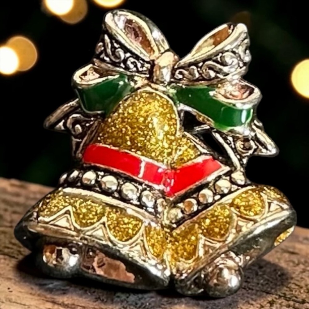 Christmas Bell Brooch Small Gold Tone Green Red Glitter/Sparkle Enamel